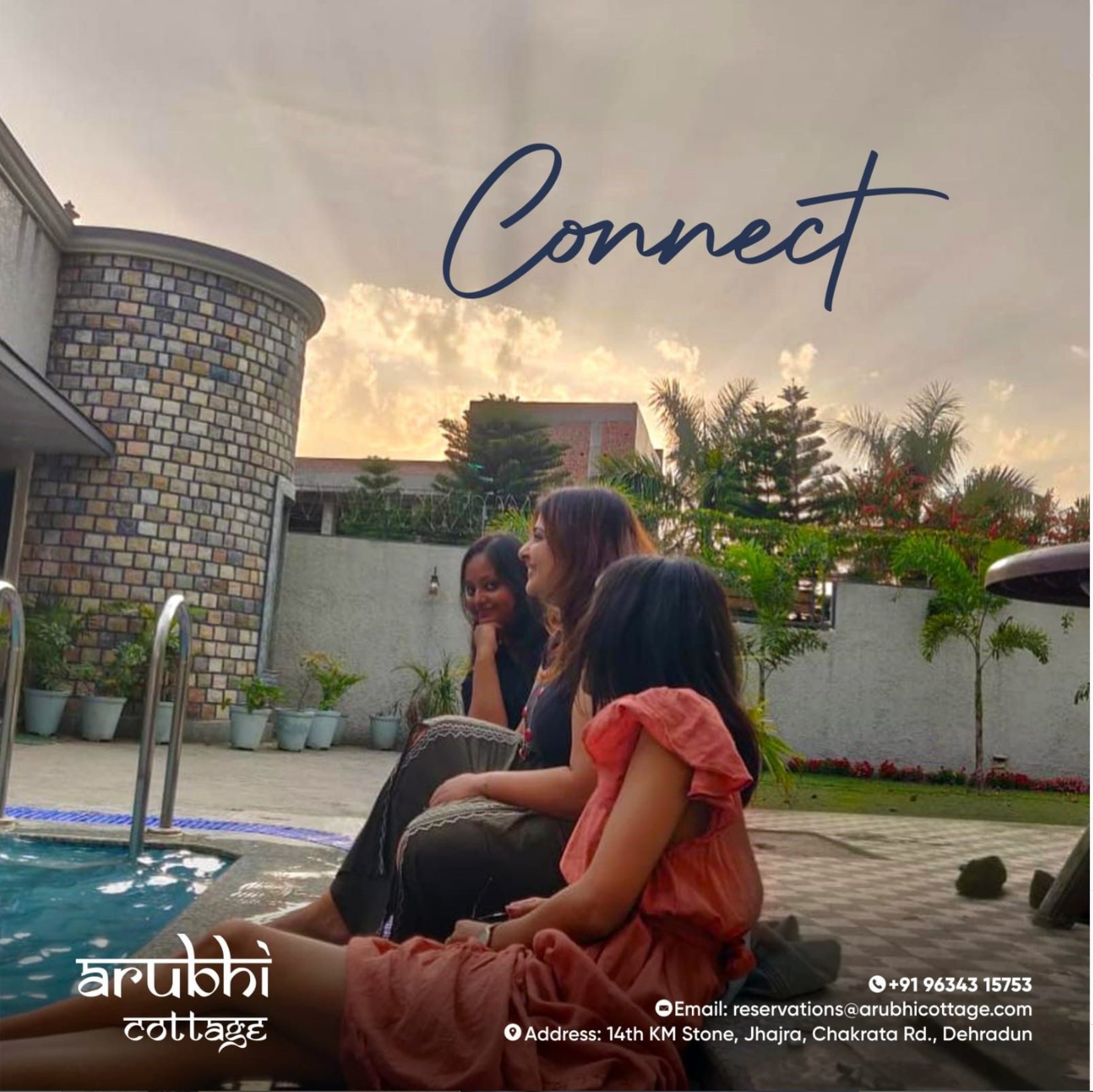 Guests relaxing by the private pool at AruBhi Cottage Dehradun — golden hour